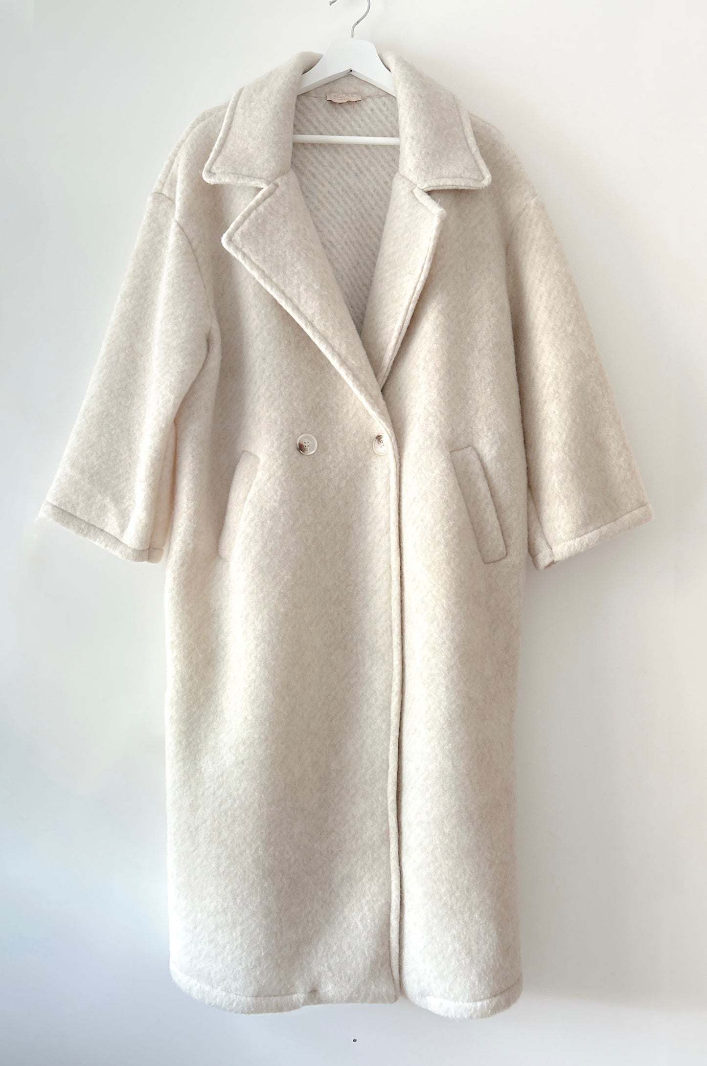 Manteau Long en Laine Rayée - Liora Ecru