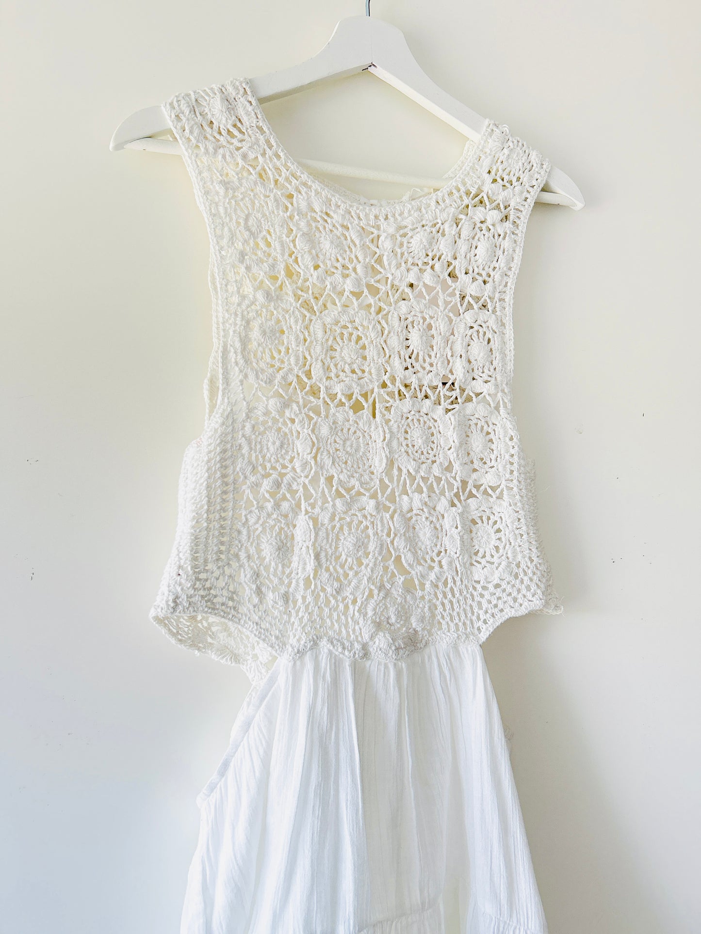 White crocheted dungaree dress Mango