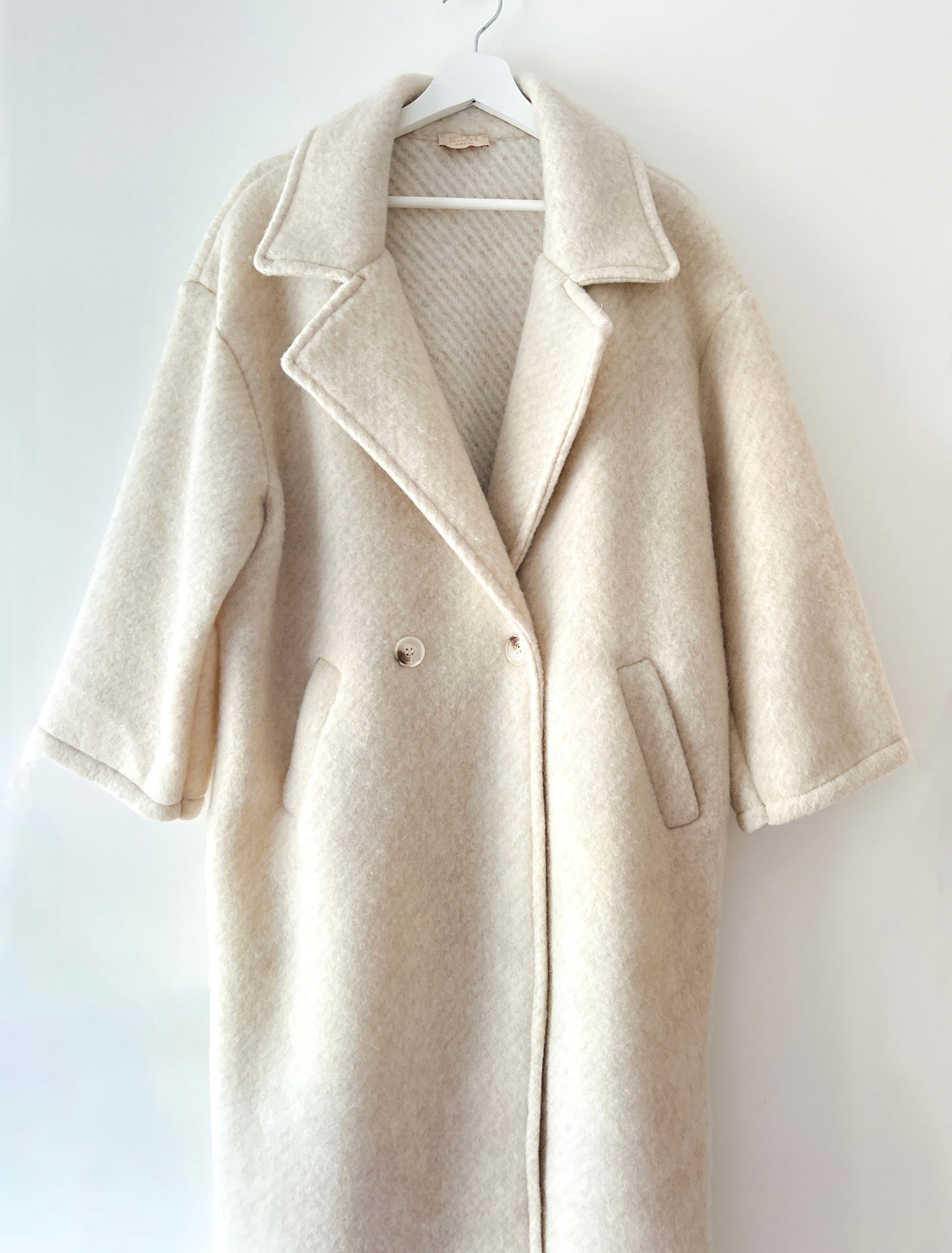 Manteau Long en Laine Rayée - Liora Ecru