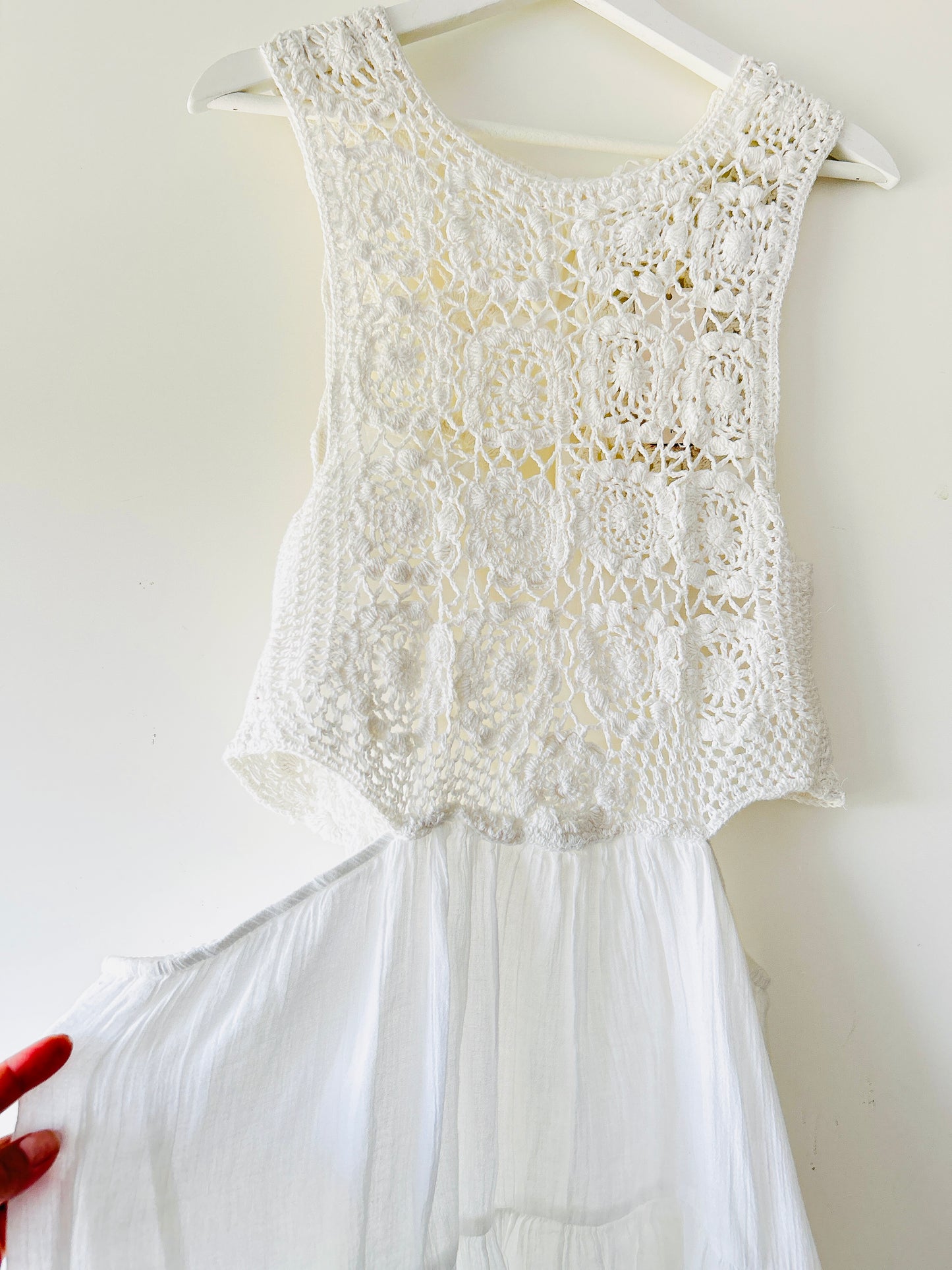 White crocheted dungaree dress Mango