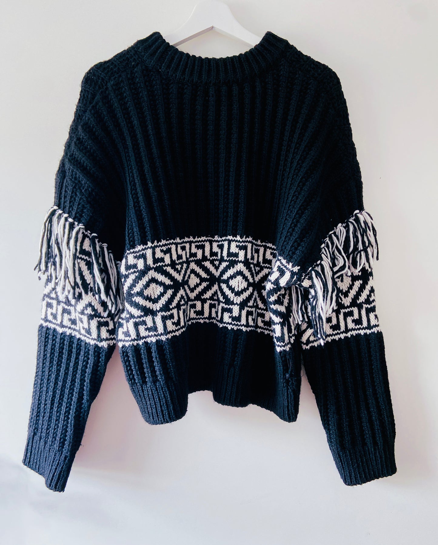 Black ripped bohemian sweater with fringes