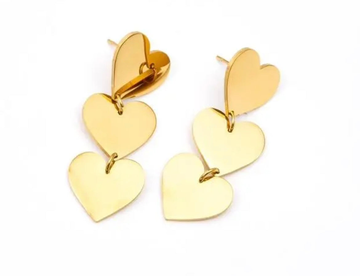 Stainless Steel Oorbellen - Triple Hearts goud