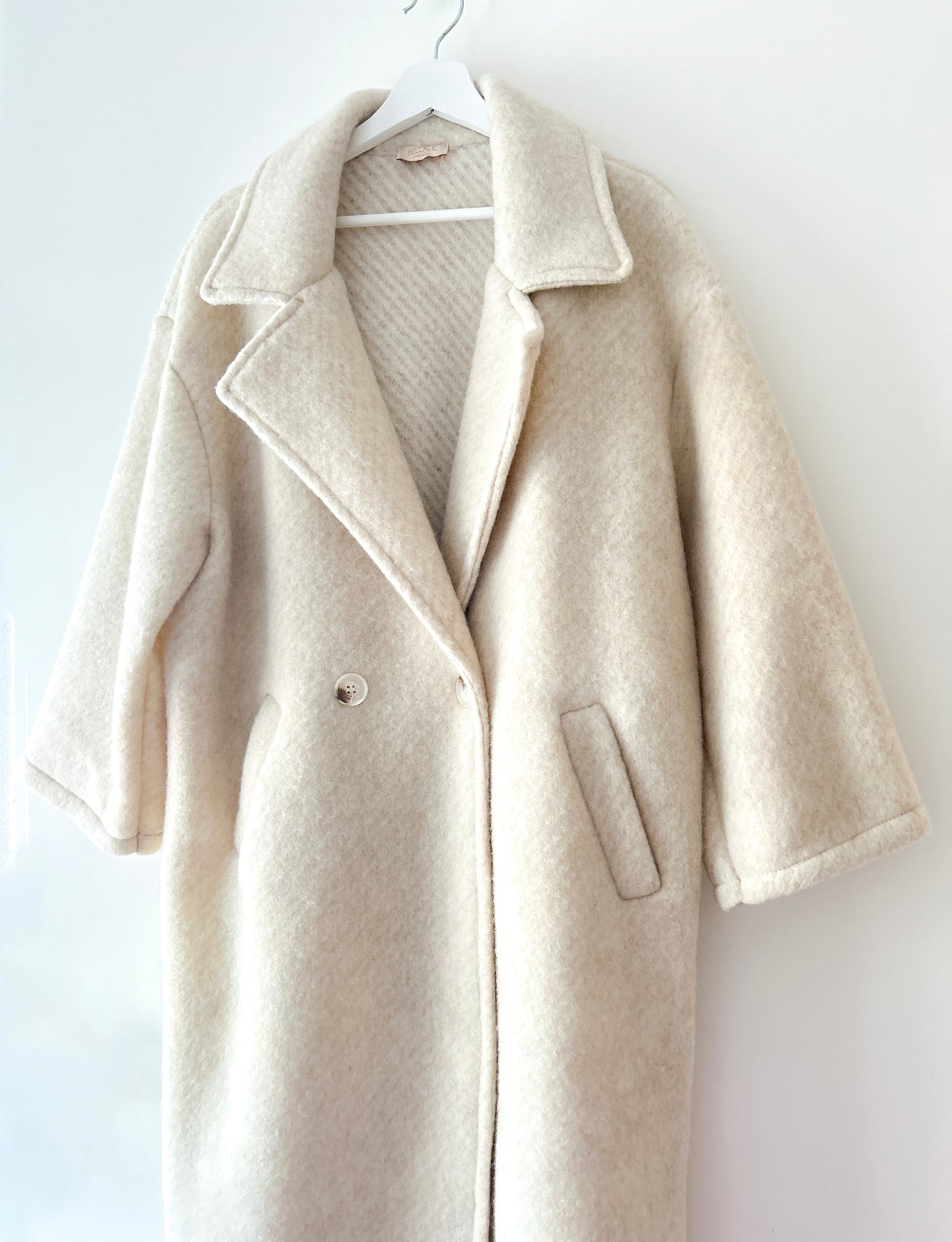 Manteau Long en Laine Rayée - Liora Ecru