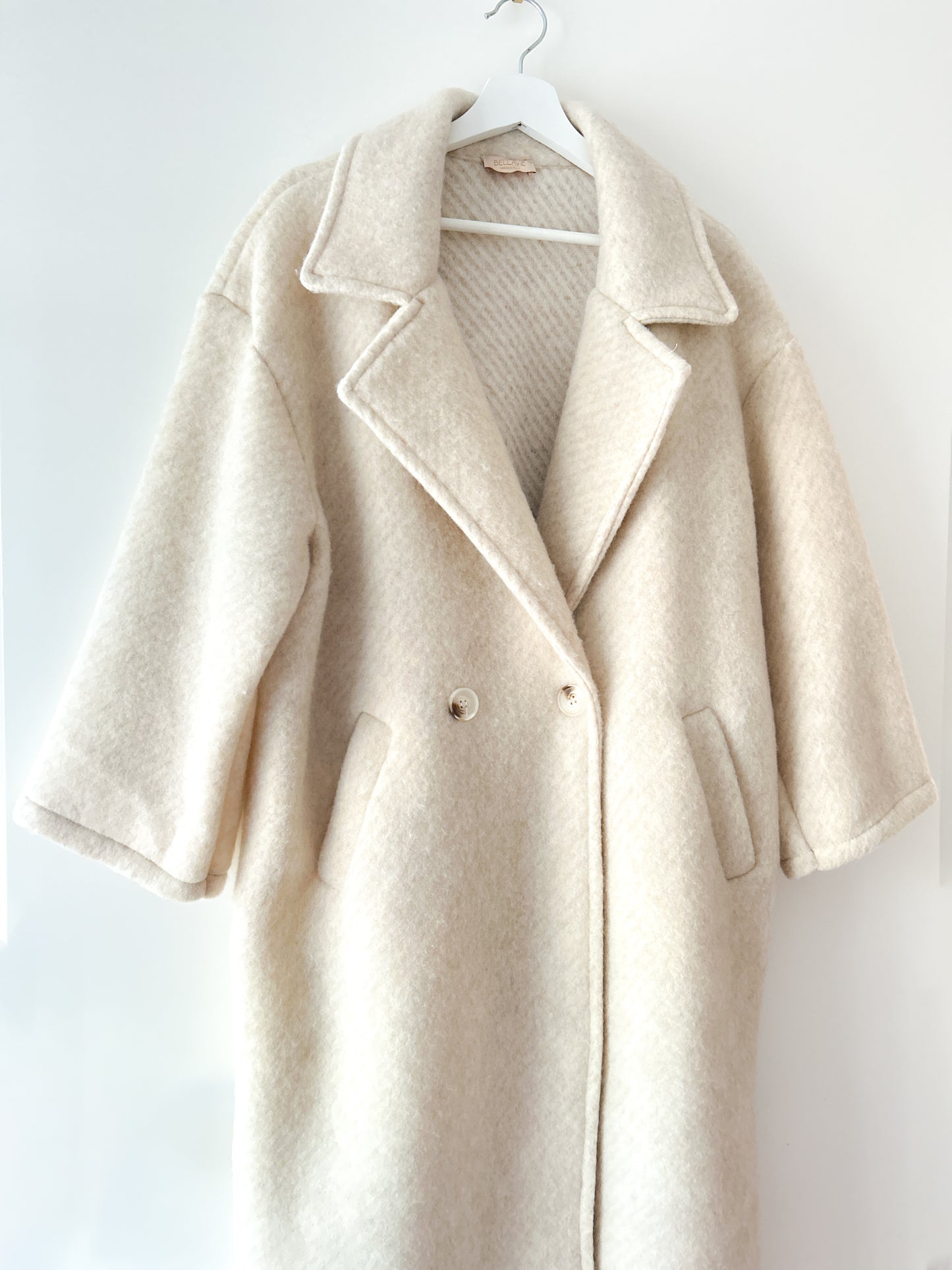 Manteau Long en Laine Rayée - Liora Ecru