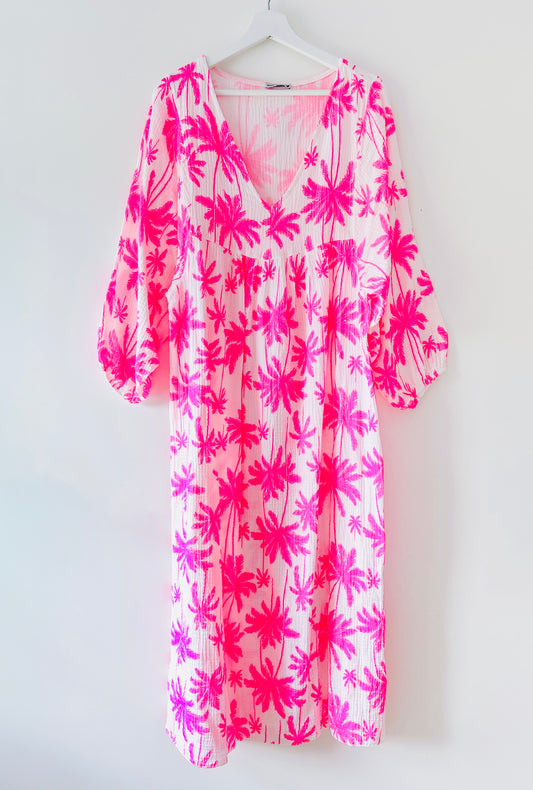 Lange jurk - Palmboom neon-roze