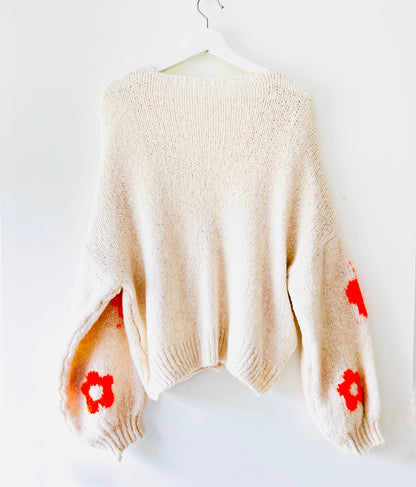 Gilet tricoté - Fleur orange