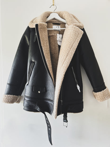 Biker Jacket Dark Brown With Taupe Colored Teddy Zara