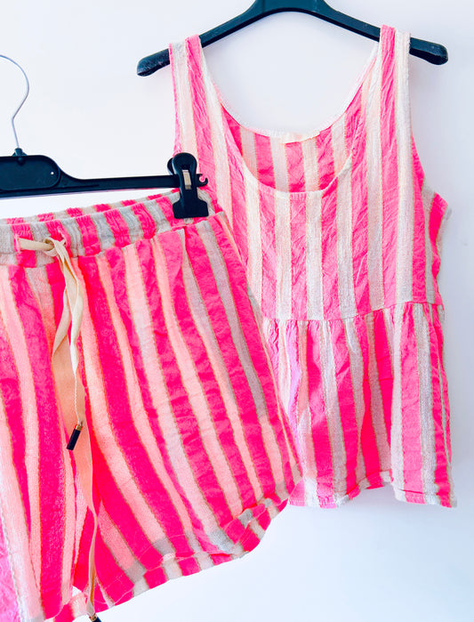 Tweedelige set - Stripe neon-roze