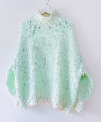 Knitted Sweater - Herringbone collar mint green