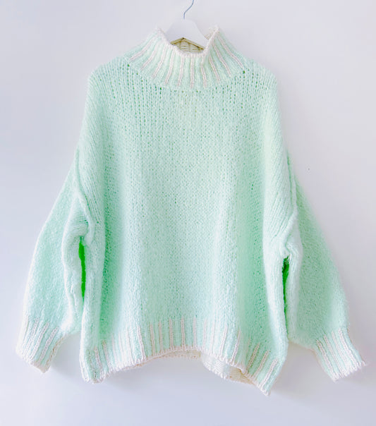 Knitted Sweater - Herringbone collar mint green