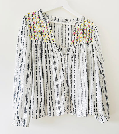 Black and white blouse with embroidery and gold coins