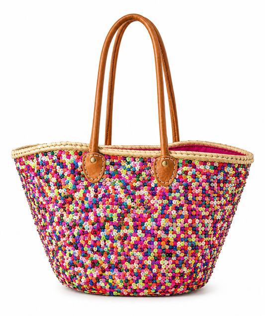 Neon-pink sequin beach bag